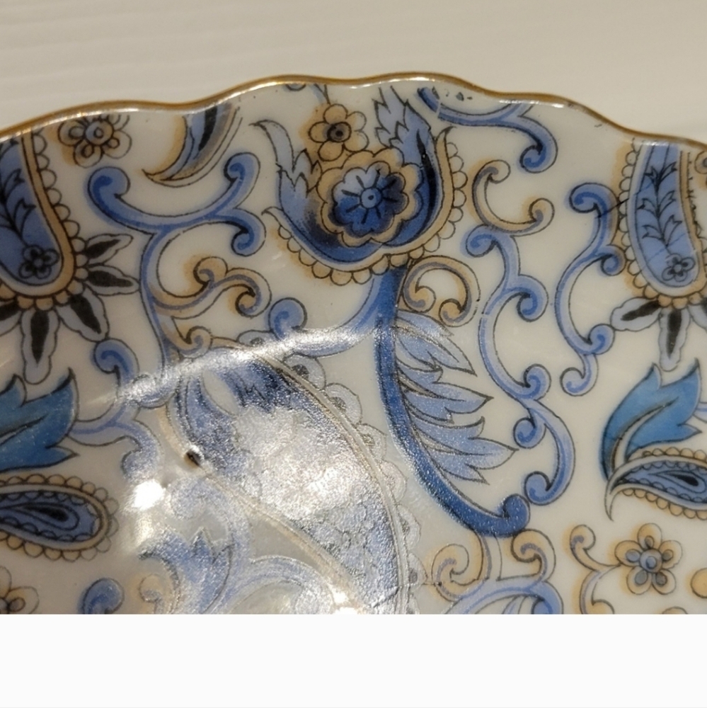 Lefton Egg Cup & Crescent Bone Side Trinket Dish Blue Paisley Vintage ~ Pretty! - Picture 16 of 16